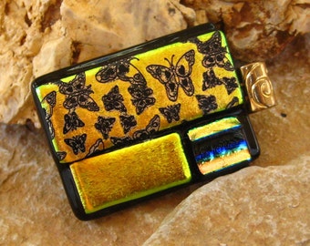Butterfly Pendant, Glass Butterfly Jewlery, Dichroic Glass Pendant, Fused Glass Pendant , Dichroic Glass Slide -Golden Butterflies