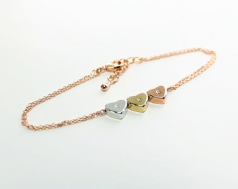 Three Heart Bracelet, Hand Stamped Initial Hearts, Three Heart Charms, Double Chained Bracelet, Wedding, Bridesmaid Gift, Mother's Day