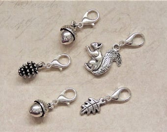 Squirrel Nutkin Set Acorn pine cone stitch marker/progress keeper/clip on charm/bag charm/zipper/planner charm autumn