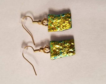 Gold Fused glass dangle earrings, gold plated hooks