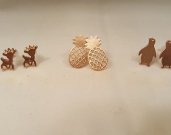 Gold Style Stud Earrings, Pineapple, Deer, Penguin Studs, Quirky Cute Earrings