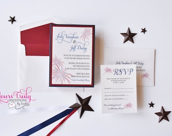 Deposit - Red White and Blue Fireworks Independence day, Fourth of July Wedding Invitation, Engagement Party
