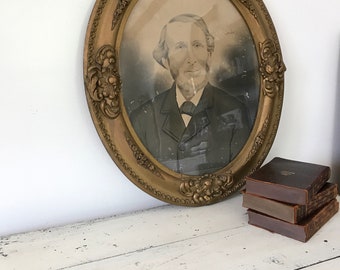 Large Antique Frame Male Portrait gilt oval gesso farmhouse chic victorian