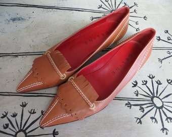 Designer Celine Fine Italian Leather Womens Shoes Pointed Shoes Pointed Flats Designer Flats Tan Shoes Tan Leather 37 1/2 B Italian Leather