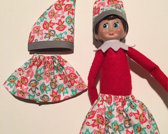Fingerlings Monkey - Christmas Scout Elf Skirt & Hat Set -- Colorful Baby Monkeys -- Holiday Pixie Girl Elves Doll Clothes