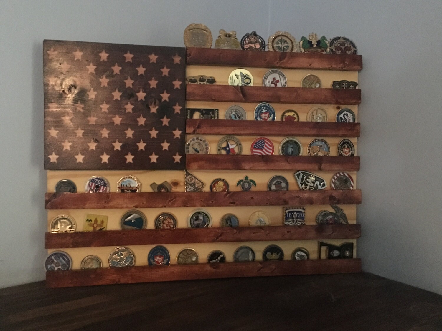 Stained Wood American Flag Military Challenge Coin Display Stained Wood American Flag Military Challenge Coin Display