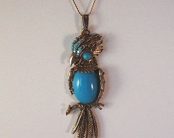 Vintage Crown Trifari Bird/Parrot Necklace - Faux Turquoise Cabochon Pendant Necklace