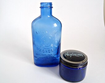 Vintage Milk of Magnesia Bottle & Noxema Jar Advertising Cobalt blue Glass