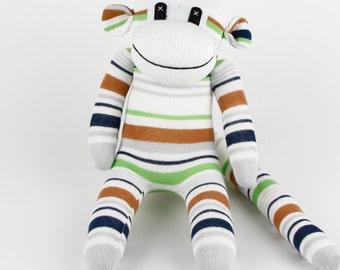 Handmade Green Brown White Striped Sock Monkey Stuffed Animal Doll Baby Gift Toys