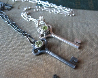 Peridot Key Pendant Sterling Silver with August Birthstone Gemstone in Bright Finish