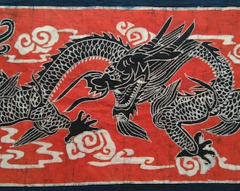 Chinese Dragon/Loong - Chinese Ethnic Batik Painting Banner Tapestry Wall Decor Blue Red