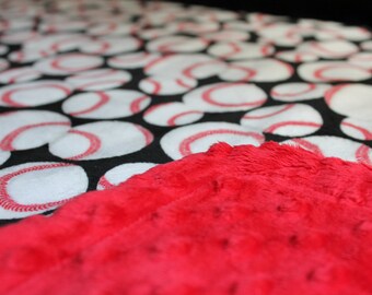 Minky Blanket Baseball Print Minky with Black Background with Red Dimple Dot Minky Backing - Perfect Size a Toddler or Child
