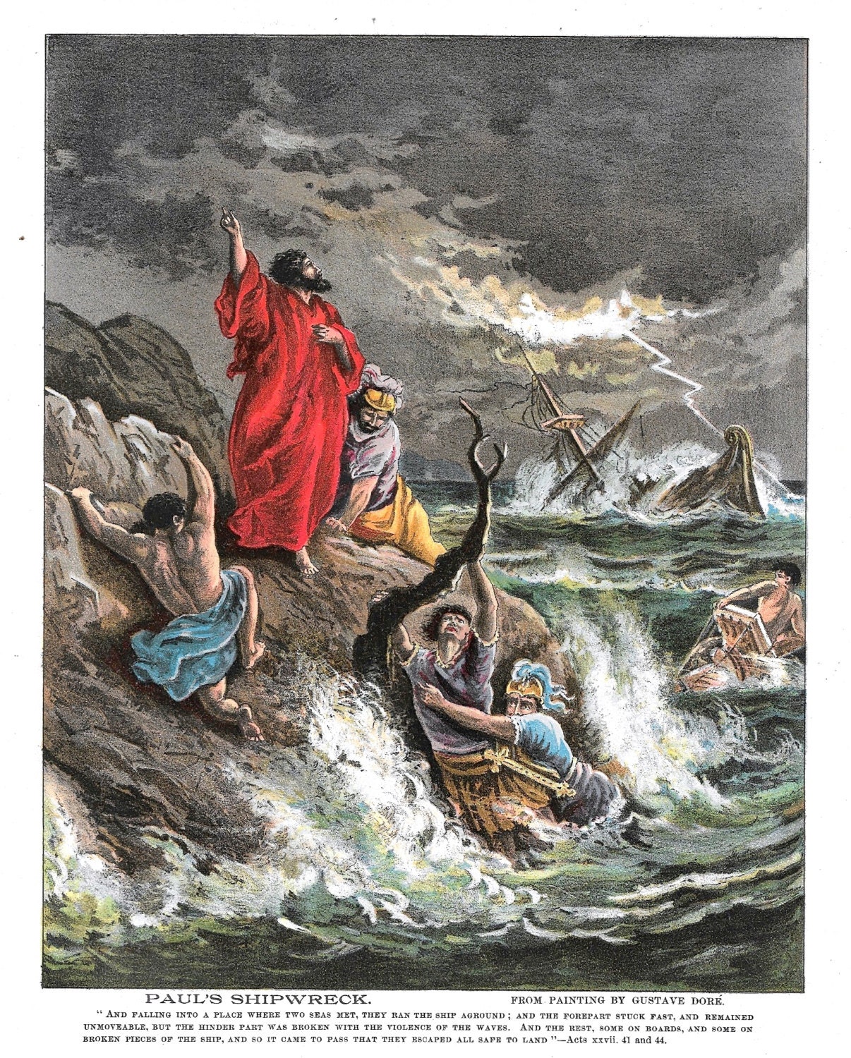 Dore' Biblical print Paul Shipwreck Ocean waves lighting