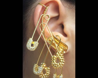 Accurate Harley Quinn Gold Ear-Cuff. Suicide Squad. Harley Quinn cosplay accessories. Wrap part with two Cubic Zirconia (C.Z) safety pins