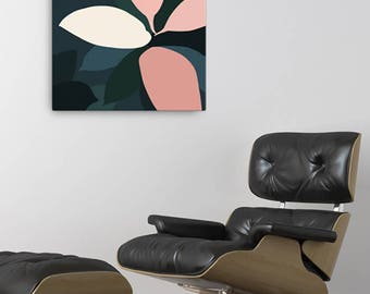 Modern, Minimal Tropical Abstract Plant art by Jules Tillman - Fine Art Canvas Print. Minimal, millennial pink, aqua, deep green. Square art