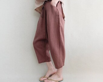 Women Linen Pants Leisure Pants Elastic Waist Cotton Harem Pants Crotch Pants Wide Leg Pants Cropped Pants