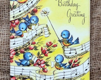 Retro Singing Blue Birds A Birthday Greeting Gift or Scrapbook Tags or Magnet #631