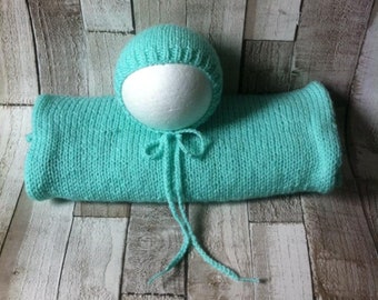 Hand Knit Wrap and Bonnet Set - Knit Baby Wrap - Newborn Photo Prop
