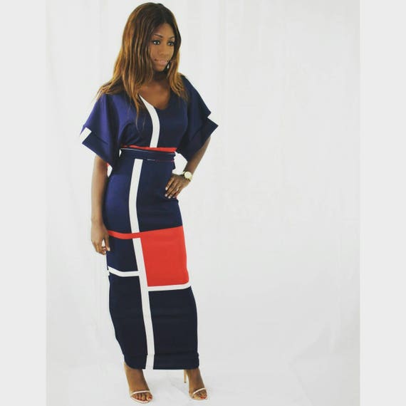 Lena Colour Block Navy Full Length Dress
