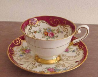 Burgundy and White Cup and Saucer with Gold Gilt by English Maker Tuscan 1950's