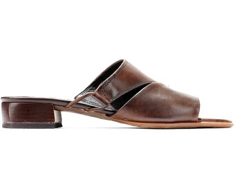 US size 8 Soft Leather Mules Low Heel 90s Brown Retro Mule Sandals Open Toe Asymmetric Summer Shoes Wide Fit Flexible Sole. Eur 38.5 Uk 5.5