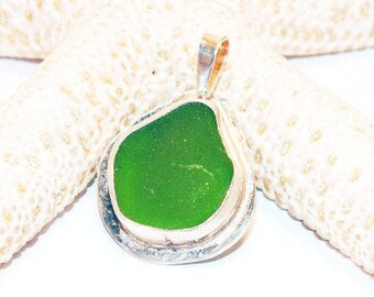 Green Seaglass Necklace, Sterling Sea Glass Jewelry, Beach Necklace, Mermaid Tears Jewelry, Lake Erie Beach Glass, Seaglass Gift