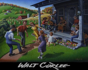 Farm Art Americana, Porch Music and Flatfoot Dancing Giclee Print, Mountain Music, Appalachian Traditions, Appalachia Folk Art Landscape