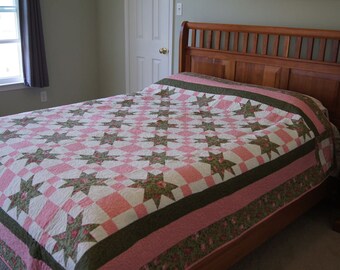 Stars and Squares – DOUBLE or QUEEN QUILT – Pink, Green and White