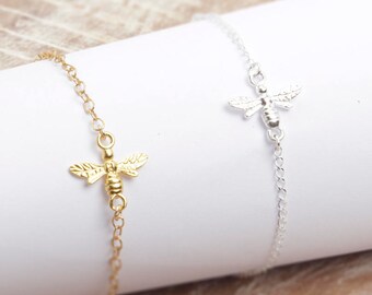 Bee Bracelet/Tiny Bee Necklace/Gold Bee bracelet/Sterling silver bee bracelet