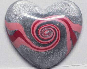 Silver and Pink Swirls Polymer Clay Heart Cabochon