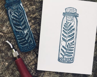 Fern in a bottle- Terrarium - blank greeting card- Linoleum block print