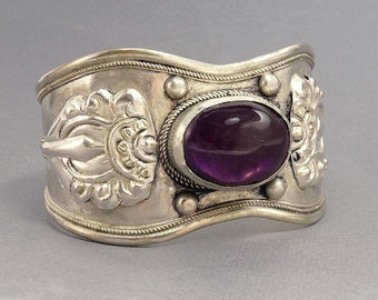 Ethnic Tribal Silver Amethyst Cuff Bracelet Statement Jewelry