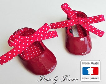 SALE (last piece). Baby booties shoes red patent leather and Red cotton with white dots