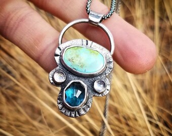 Turquoise, London blue topaz, moonstone pendant necklace. Sterling silver boho art tribal necklace