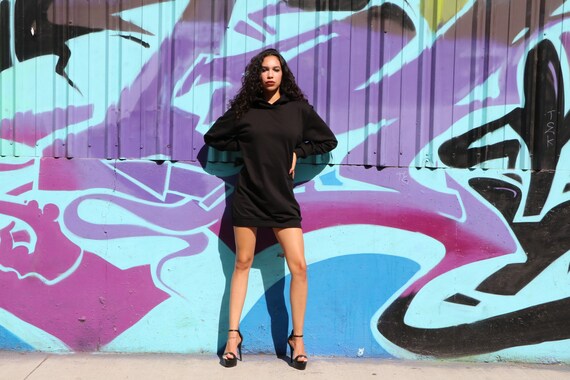 Sia Hooded Sweatshirt Dress, Loose Fit, Woman's Pull over oversized hoodie sweater, Black Sweater Dress , Black