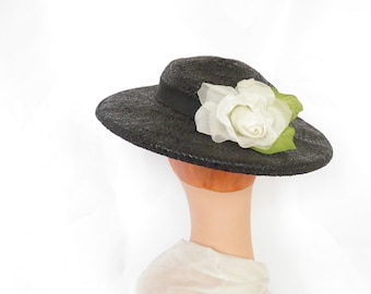 Woman's 1930s hat, black straw, white rose, Joal New York