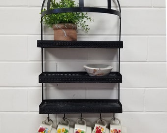 Antique Wall Shelf Display Wrought Iron Metal Kitchen Bathroom Coffee Cup Holder