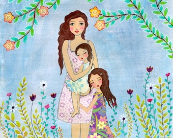 Mother Daughter Painting, Mother and Two Daughters Painting Art Print, Nursery Wall Art, Mother and Child Painting, Gift for Mother's