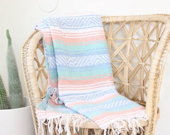 Vintage Mexican Blanket Pink Blue Green Falsa Serape Textile Throw Saltillo Quilt Southwestern Throw Mexican Blanket
