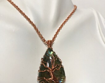 Blue Flash Labradorite Frameless Tree of Life Pendant Raw Copper Wire Wrapped Labradorite Cabochon with Satin Chain