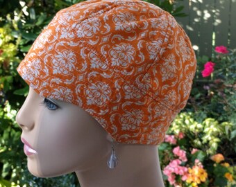 Womens Chemo Headwear Chemo Hat Soft Cancer Cap Orange Cotton Cap Reversible Small/Medium