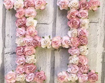 floral letter, flower letter, letter H, wooden letter, paper flowers, nursery decor, new baby decor, baby shower decor