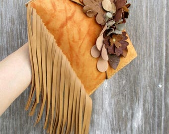 Leather Clutch with Leather Flowers and Fringe Small Leather Bag - Rustic Boho Style - Marbled Leather - by Stacy Leigh in Butterscotch