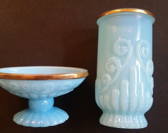Vintage Avon Bristol Blue Glass Soap Dish and Bathroom Cup 1980's Blue Glass Soap Dish And Toothbrush Cup Blue Bathroom Decor