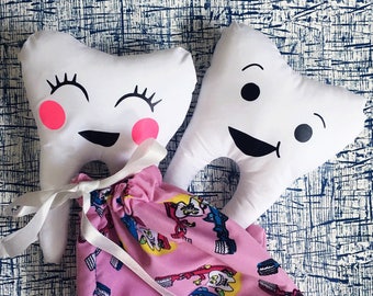 White Tooth Plush | Tooth Fairy Keepsake Plushie with Tooth Chart | Handmade Dentist Gift | Molar Teeth Stuffed Pillow with Gift Bag