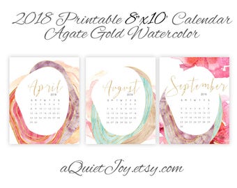 8x10 2018 Agate & Watercolor Floral Printable Desk Calendar. Instant Download.