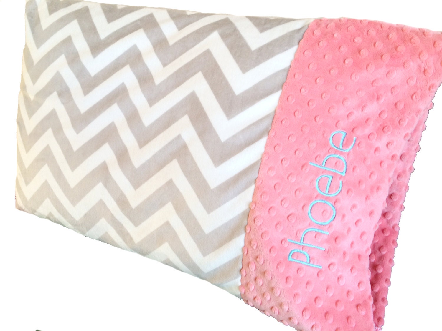 Personalized Gray and White Chevon Minky Pillowcase With Coral