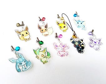 Pokemon Eevee Evolutions 1" Mini Acrylic Charm with Phone Strap (Double Sided Front & Back)