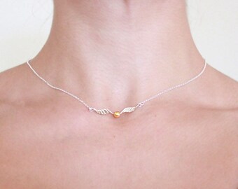 Golden Ball-Sterling Silver Flying Gold Ball-Wings Charms Necklace-18k Gold Plated-Glossy Finish-Silver Necklace Chain