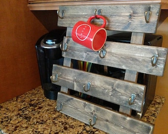 Coffee mug rack, wall mounted, rustic decor, holds 12 mugs